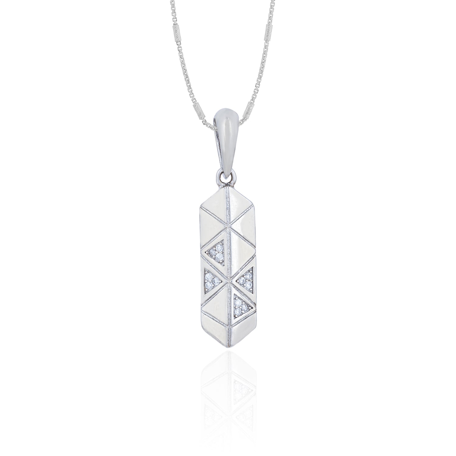 Silver geometric pendant necklace on a white background