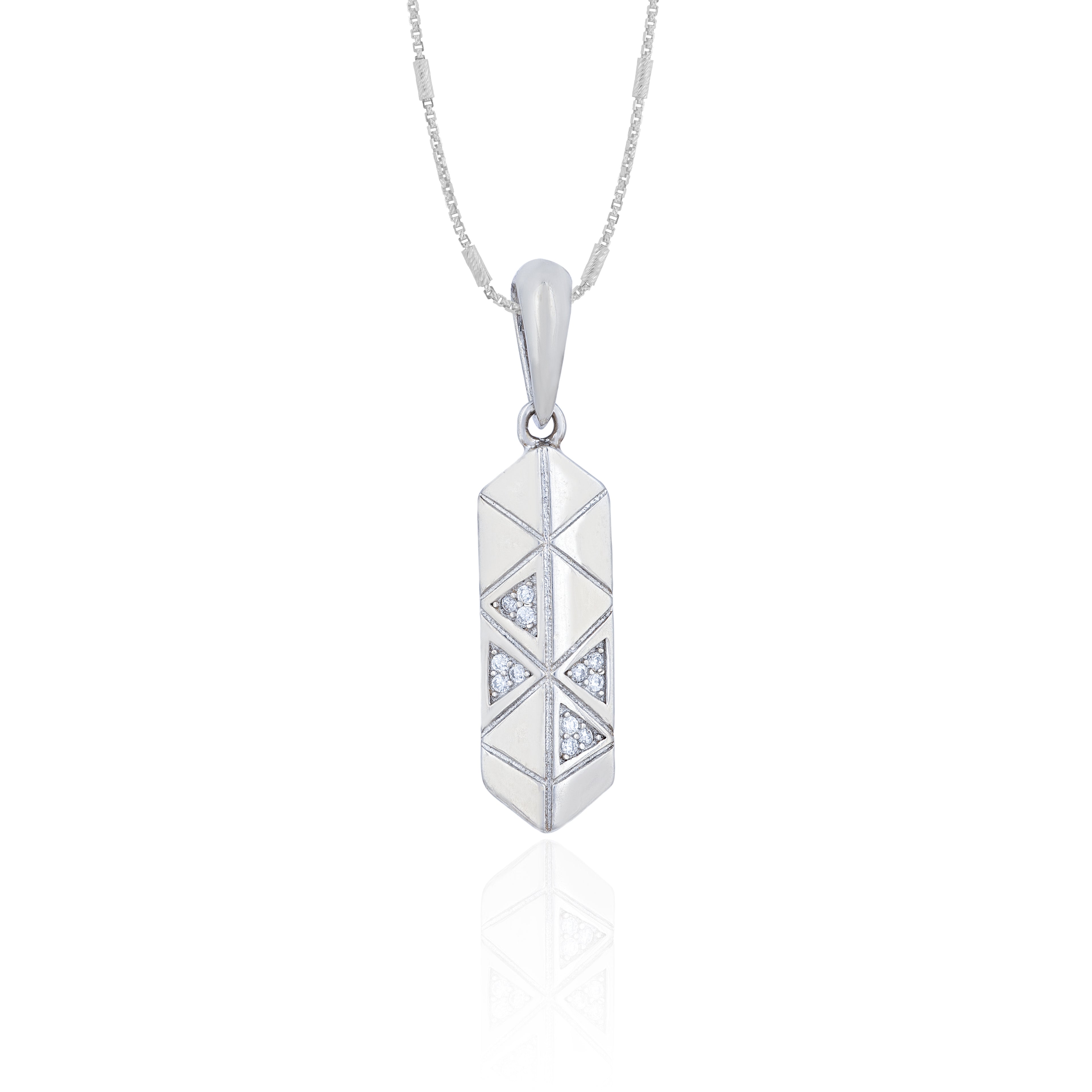 Silver geometric pendant necklace on a white background
