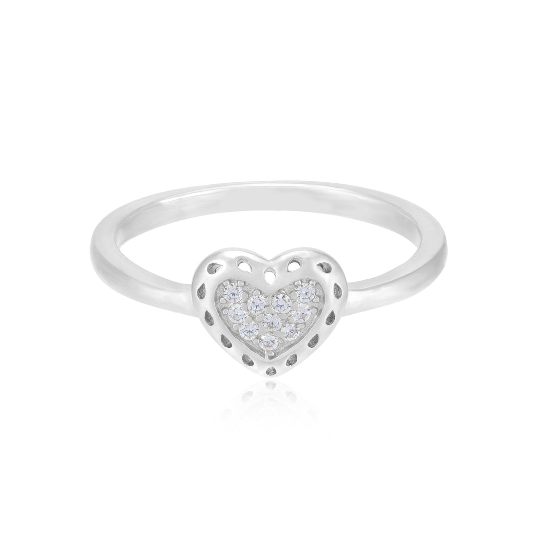 Crystal Stone Centered Heart Engraved Sides Rhodium Plated 925 Rings