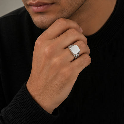 Cushion Basket Weave Silver Signet Ring