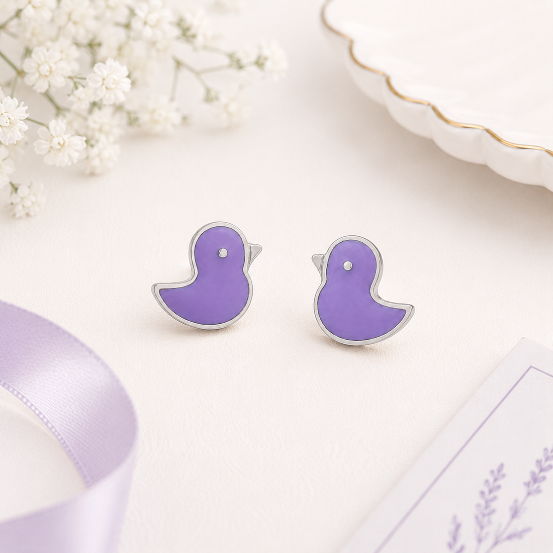 Cute Lavender Bird Charm 925 Sterling Silver Baby Stud