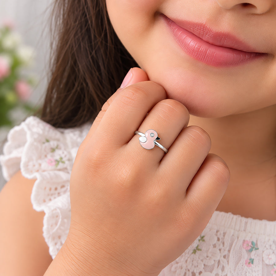Cute Pink Duckling 925 Sterling Silver Ring for Baby