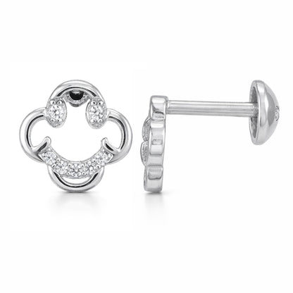 Silver earrings with clear gemstones on a white background