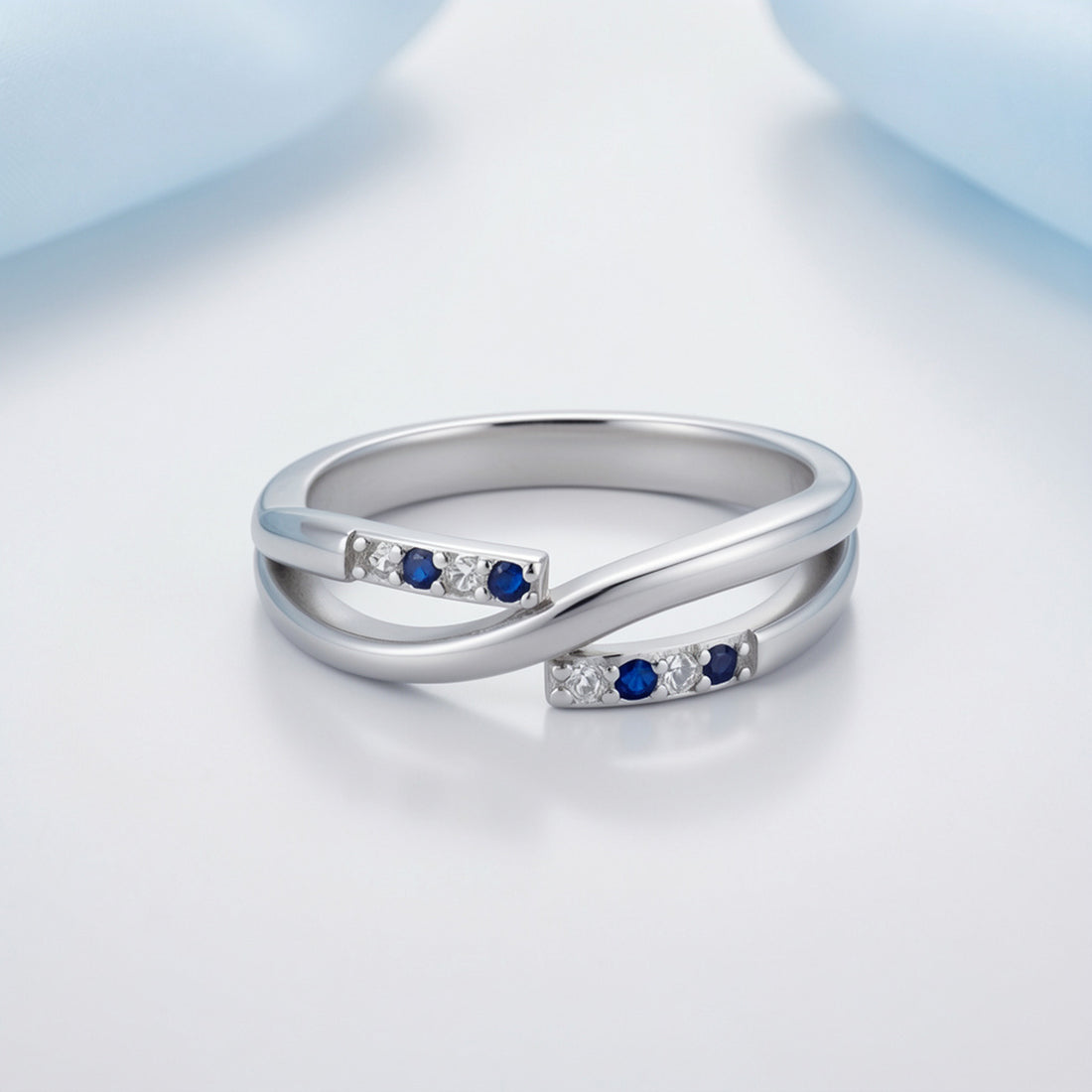 Dainty Crossover Blue Accent 925 Sterling Silver Ring for Women
