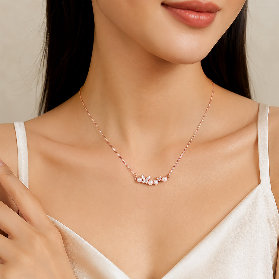 Dancing Butterfly Pearl Rose Gold Silver Chain Pendant