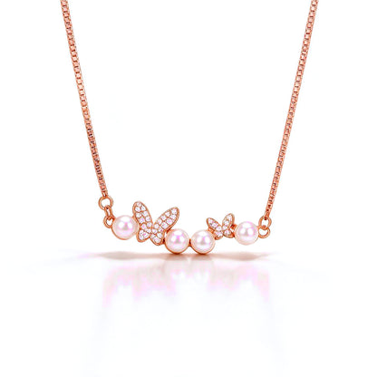 Dancing Butterfly Pearl Rose Gold Silver Chain Pendant