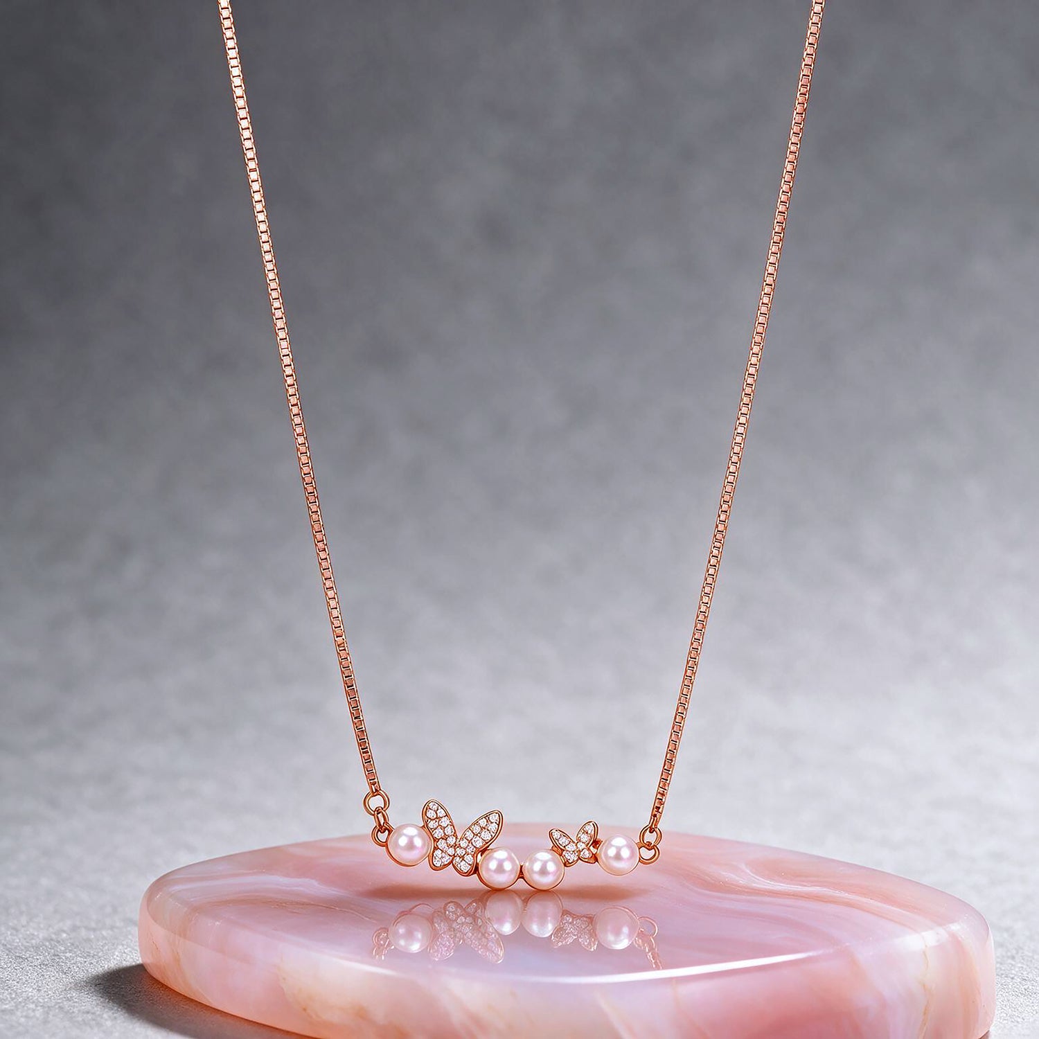 Dancing Butterfly Pearl Rose Gold Silver Chain Pendant