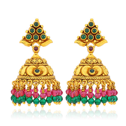 Gold earrings with green and pink beads on a white background