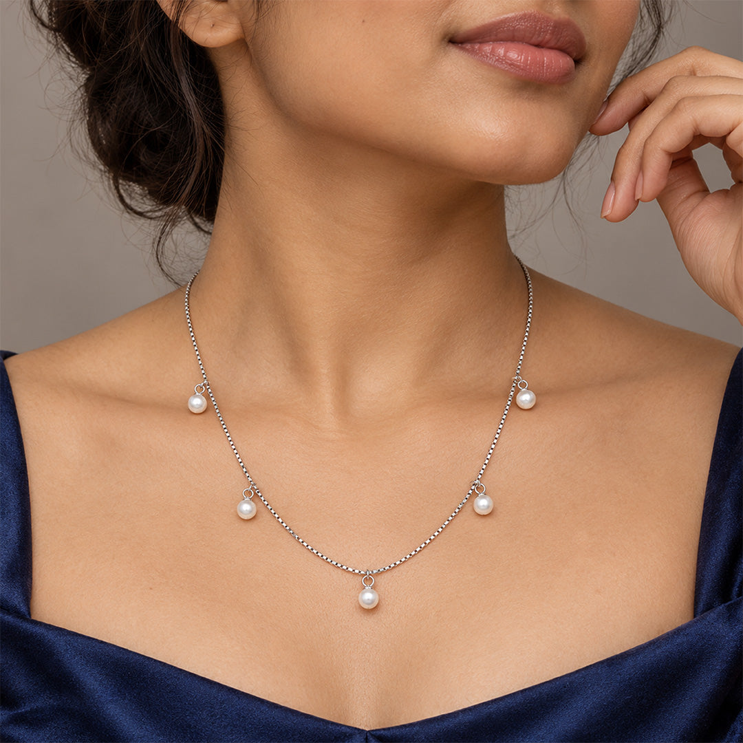 Dangling Pearl Charm Box Sterling Silver Chain