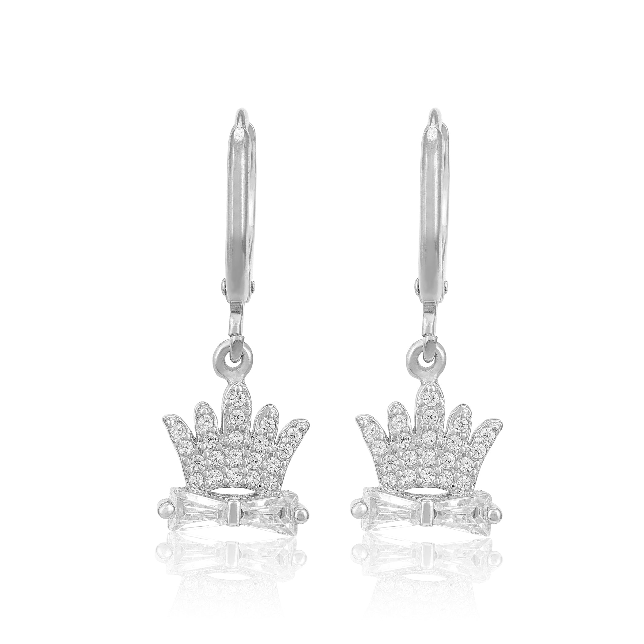 Crown-shaped silver earrings with clear stones on a white background