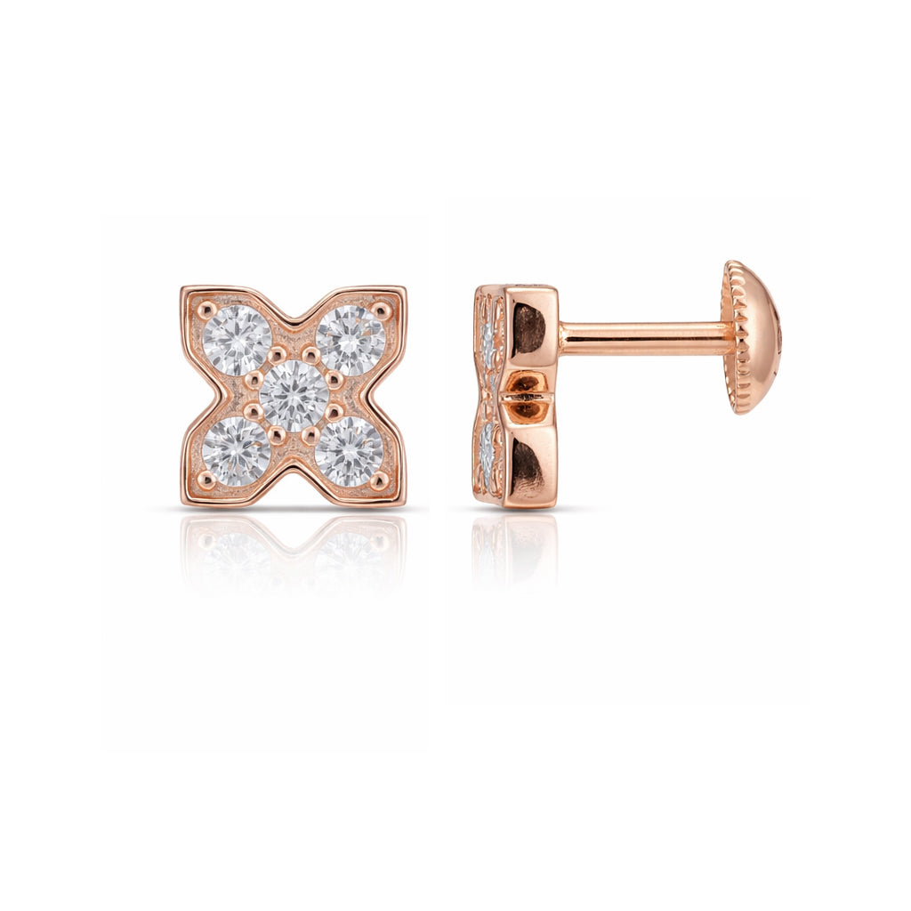 Rose gold earrings with diamond accents on a white background