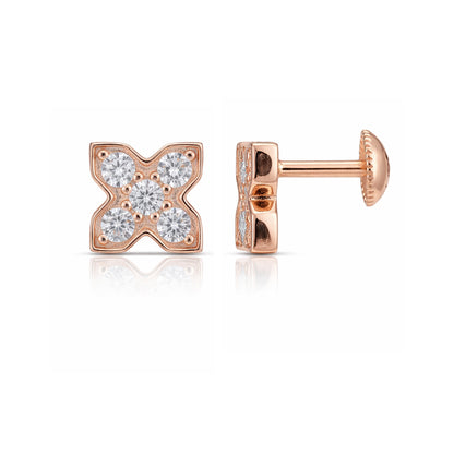 Rose gold earrings with diamond accents on a white background