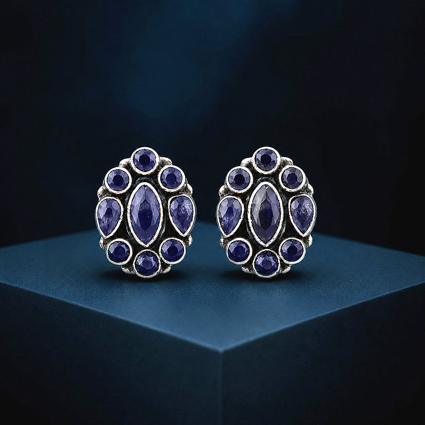 Deep Blue Halo 925 Sterling Silver Classic Earrings