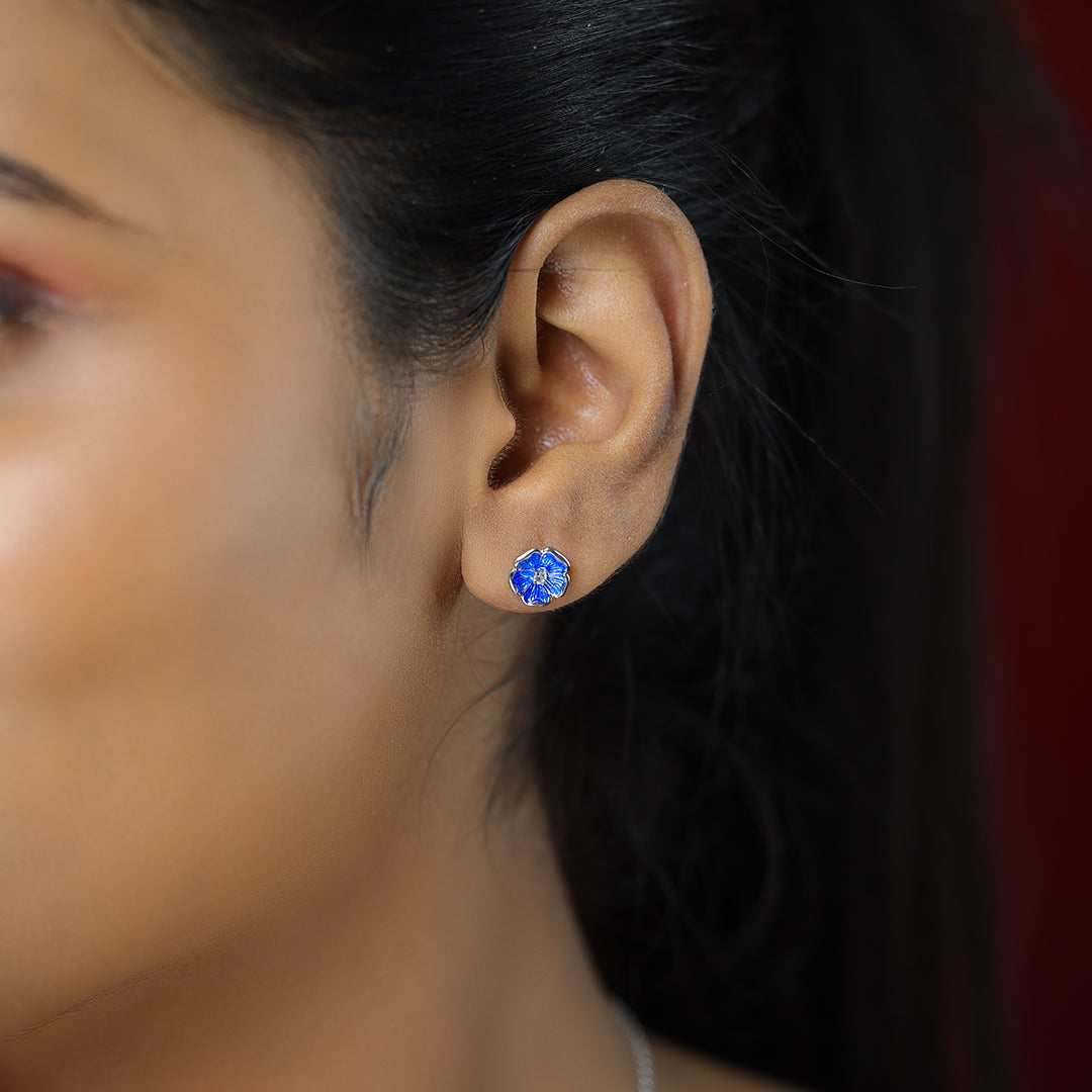 Deep Blue Petals Rhodium Plated 925 White Shine Center Studs