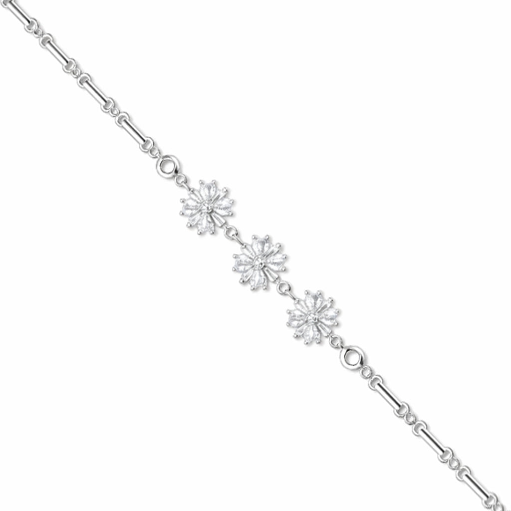 Silver bracelet with snowflake-shaped charms on a white background