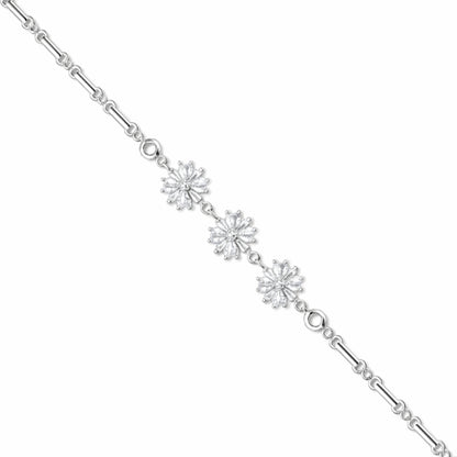 Silver bracelet with snowflake-shaped charms on a white background