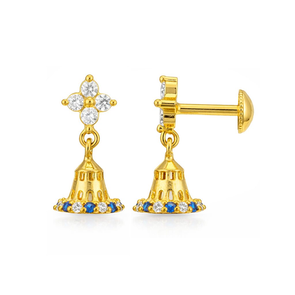 Gold earrings with bell design and gemstones on a white background