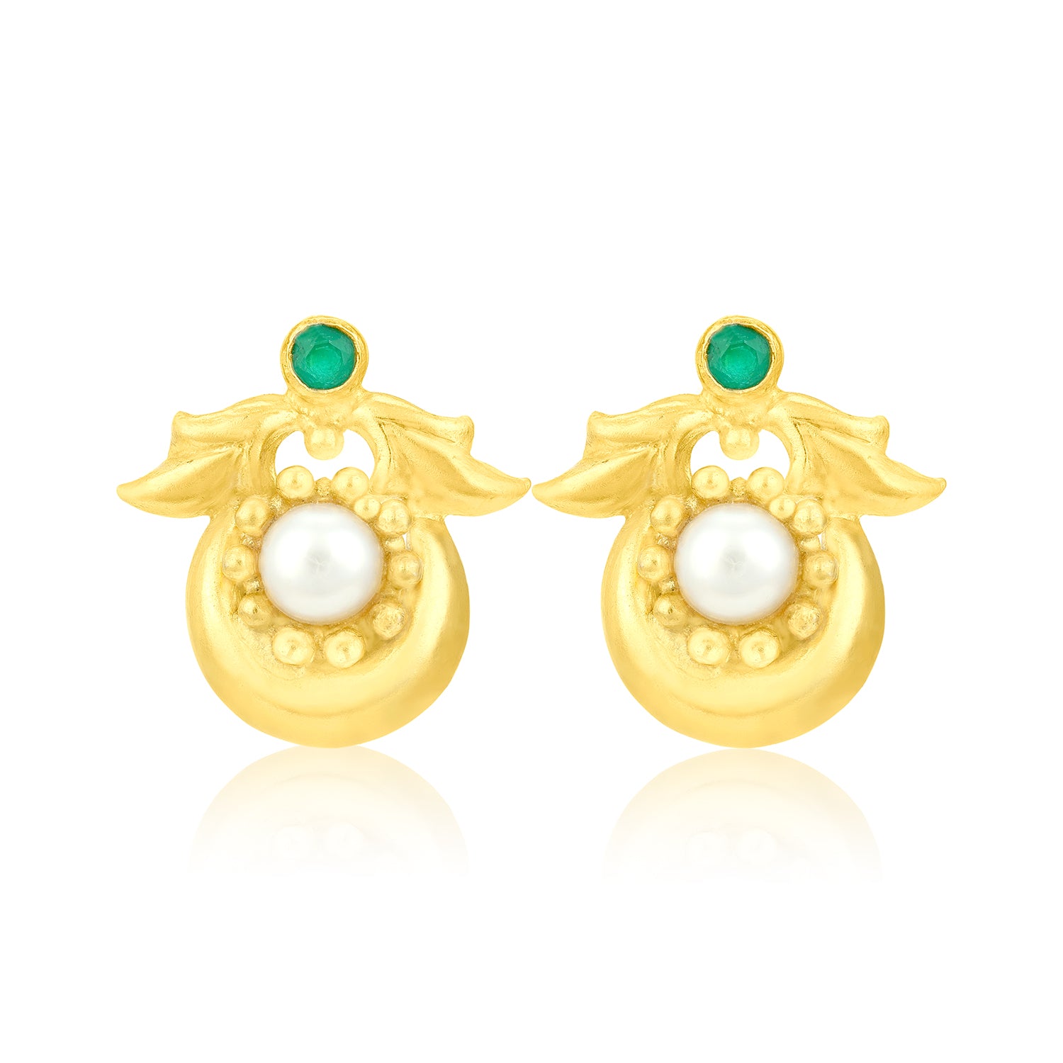 Gold earrings with pearl and green gemstones on a white background