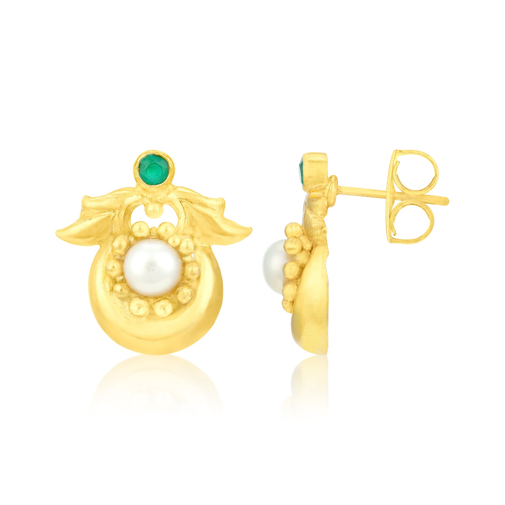 Gold earrings with pearls and green gemstones on a white background