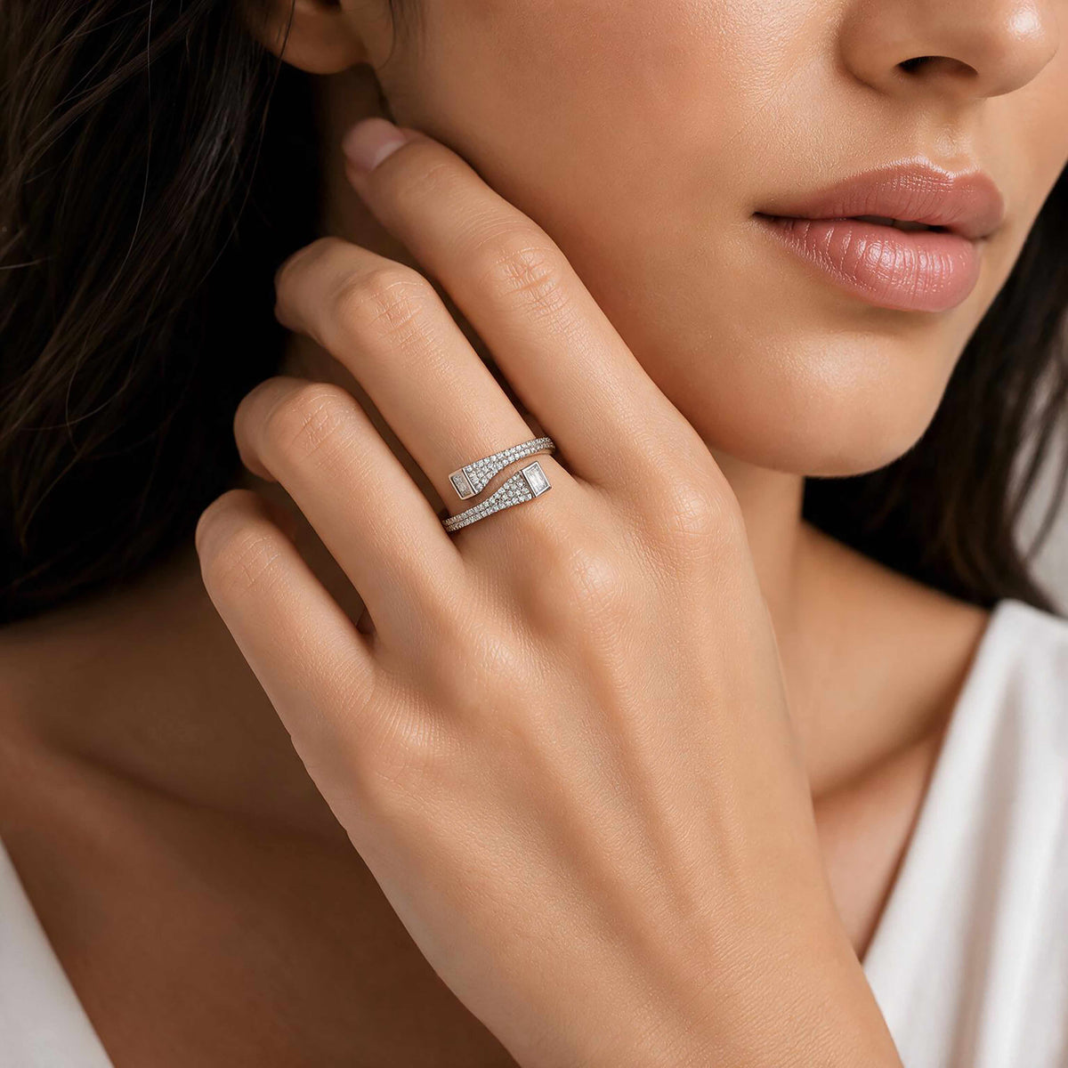 Desired Silver Dual Princess-Cut Pave Open Ring