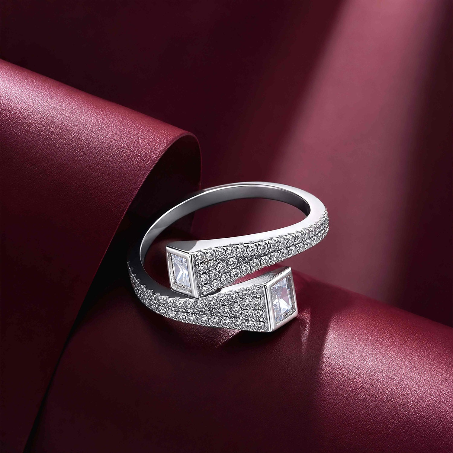 Desired Silver Dual Princess-Cut Pave Open Ring