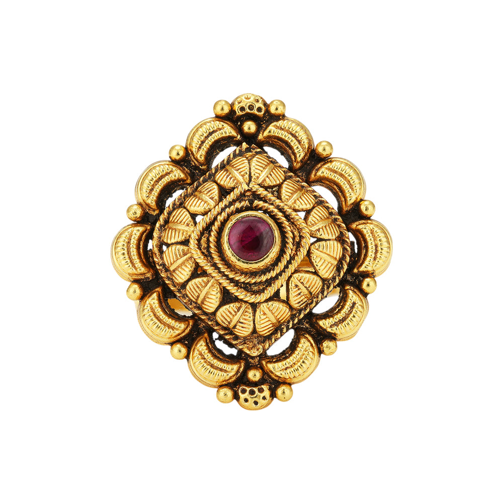 Diamond Inspired Shape Gold Plated 925 Red Centered Leaf Embellishments Rings