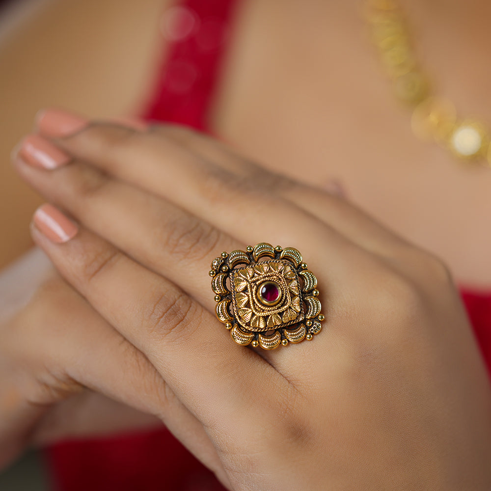 Diamond Inspired Shape Gold Plated 925 Red Centered Leaf Embellishments Rings
