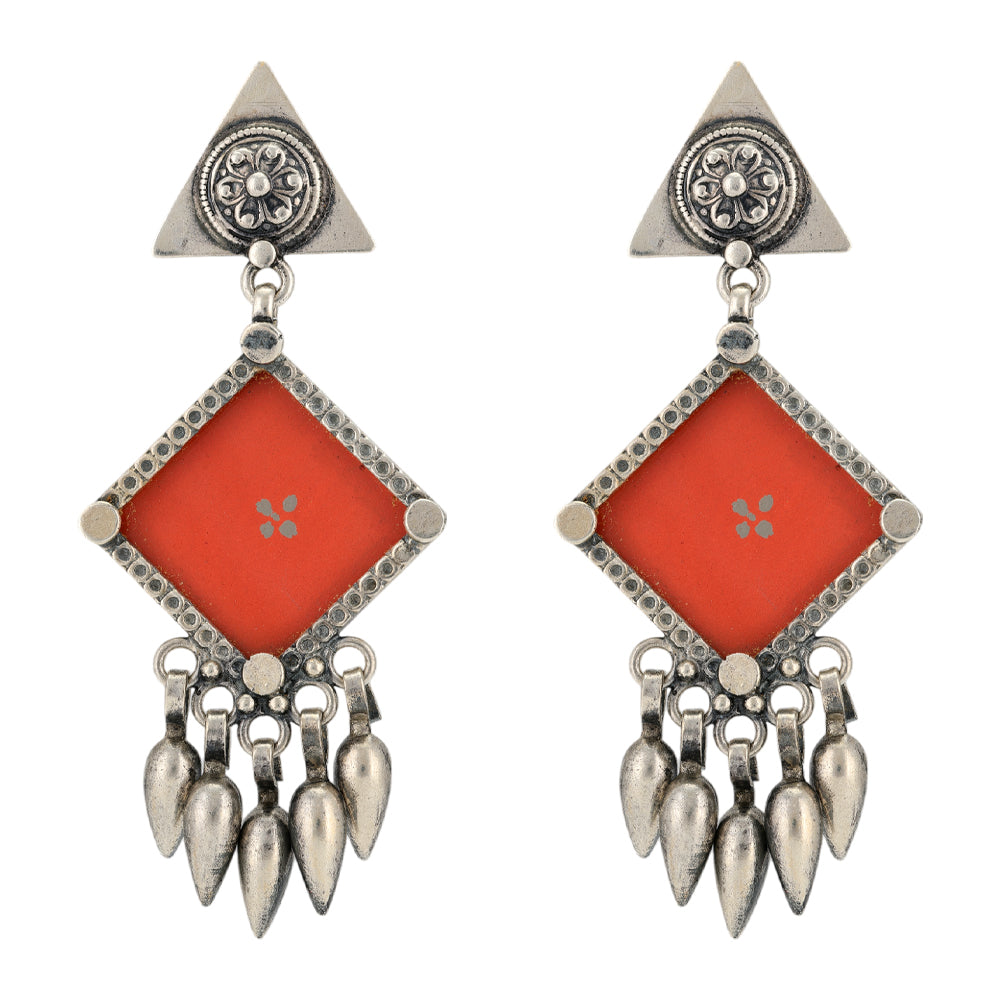 Diamond Shaped Orange Enamel Drop 925 Earrings