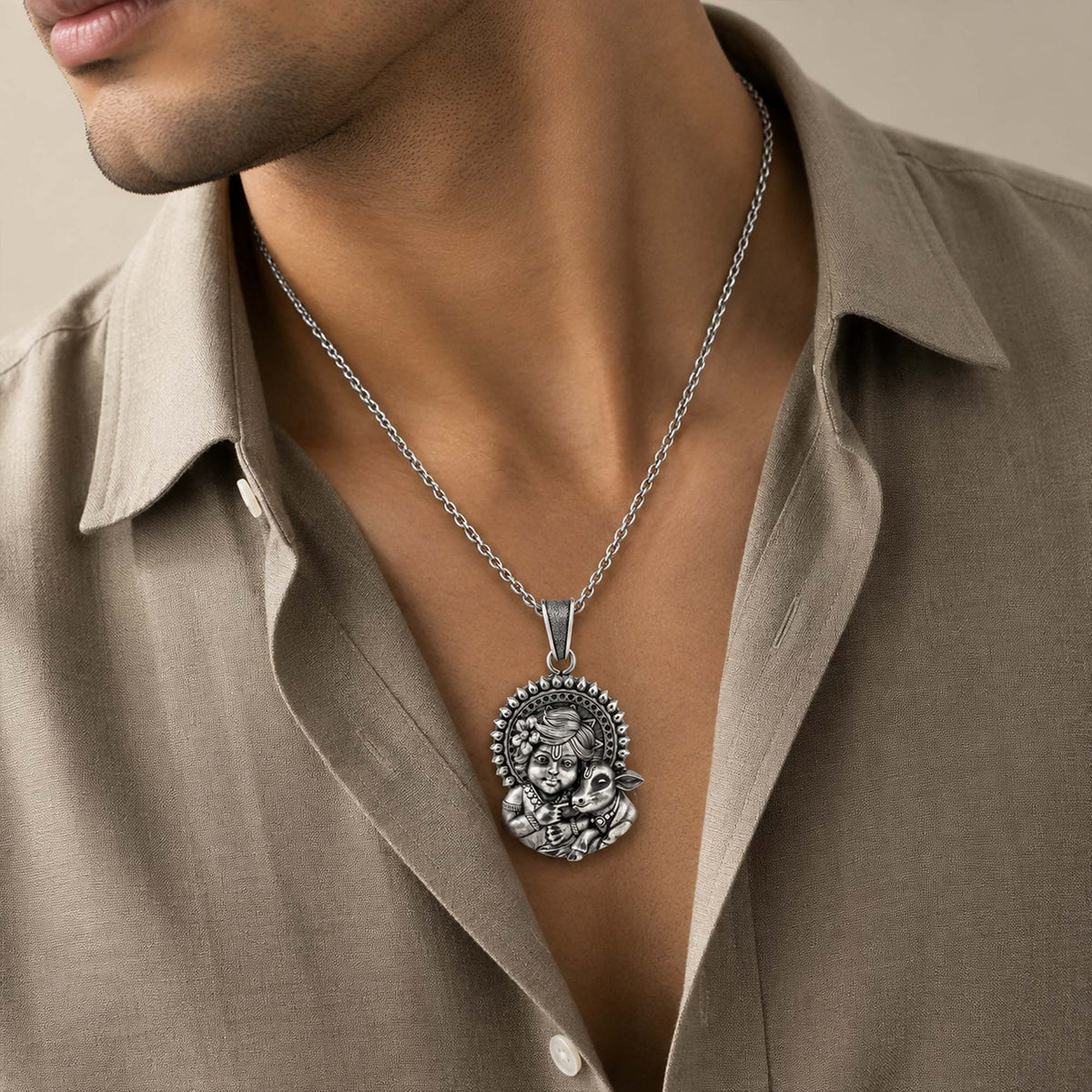 Divine Bal Krishna with Cow Sterling Silver Pendant