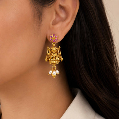 Divine Golden Lakshmi Temple 925 Sterling Silver Heritage Earrings