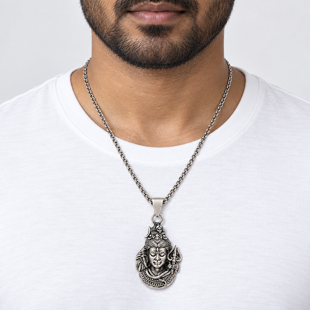 Divine Mahadev Face with Trishul Sterling Silver Pendant