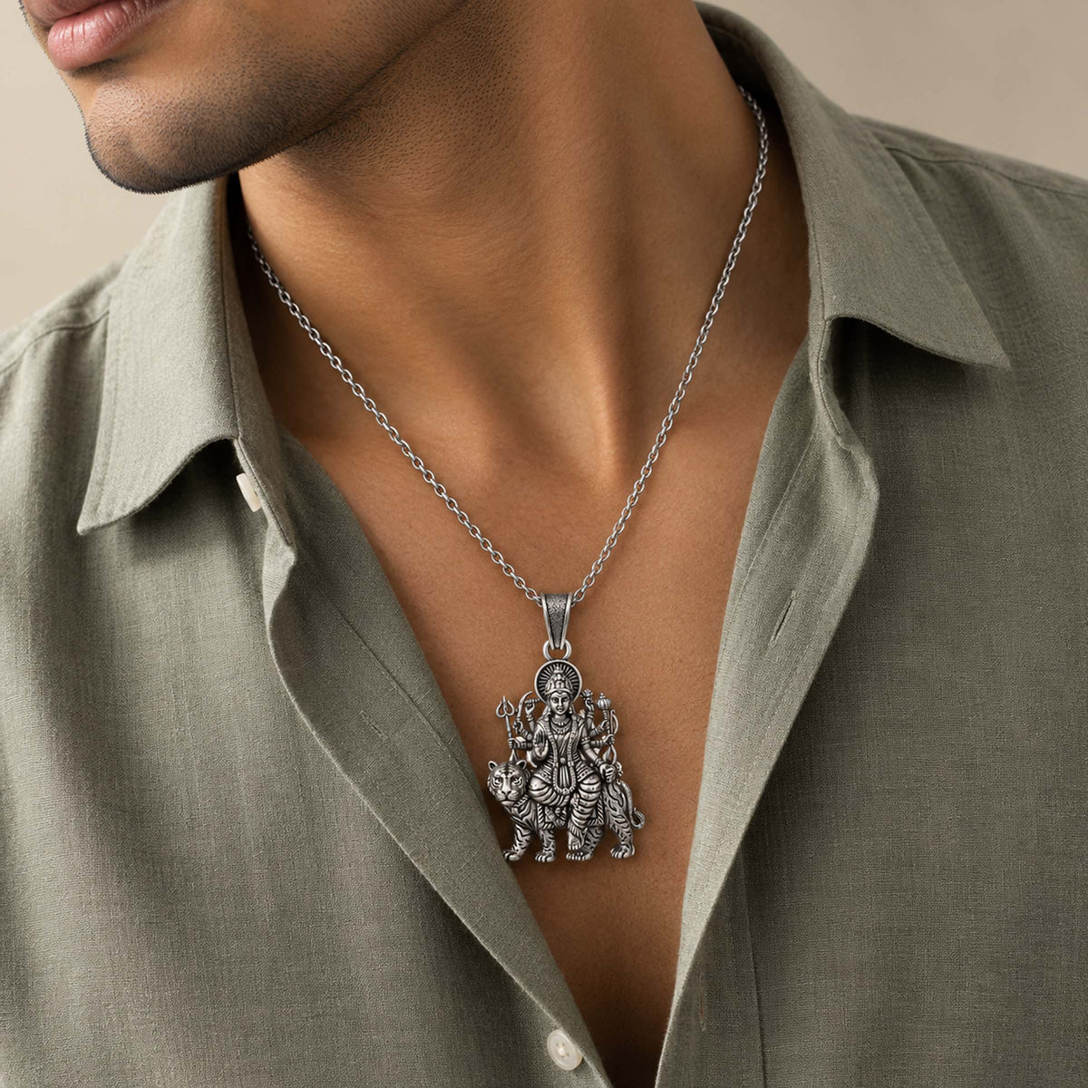 Divine Sherawali Maa Durga Sterling Silver Pendant