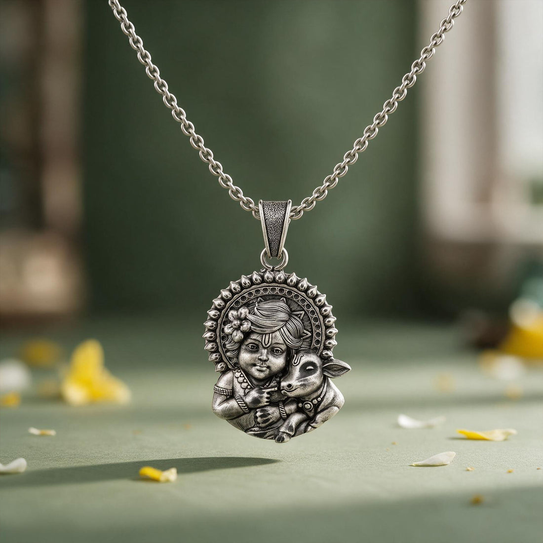 Divine Bal Krishna with Cow Sterling Silver Pendant