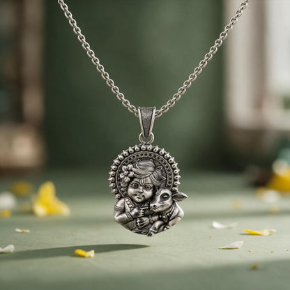 Divine Bal Krishna with Cow Sterling Silver Pendant
