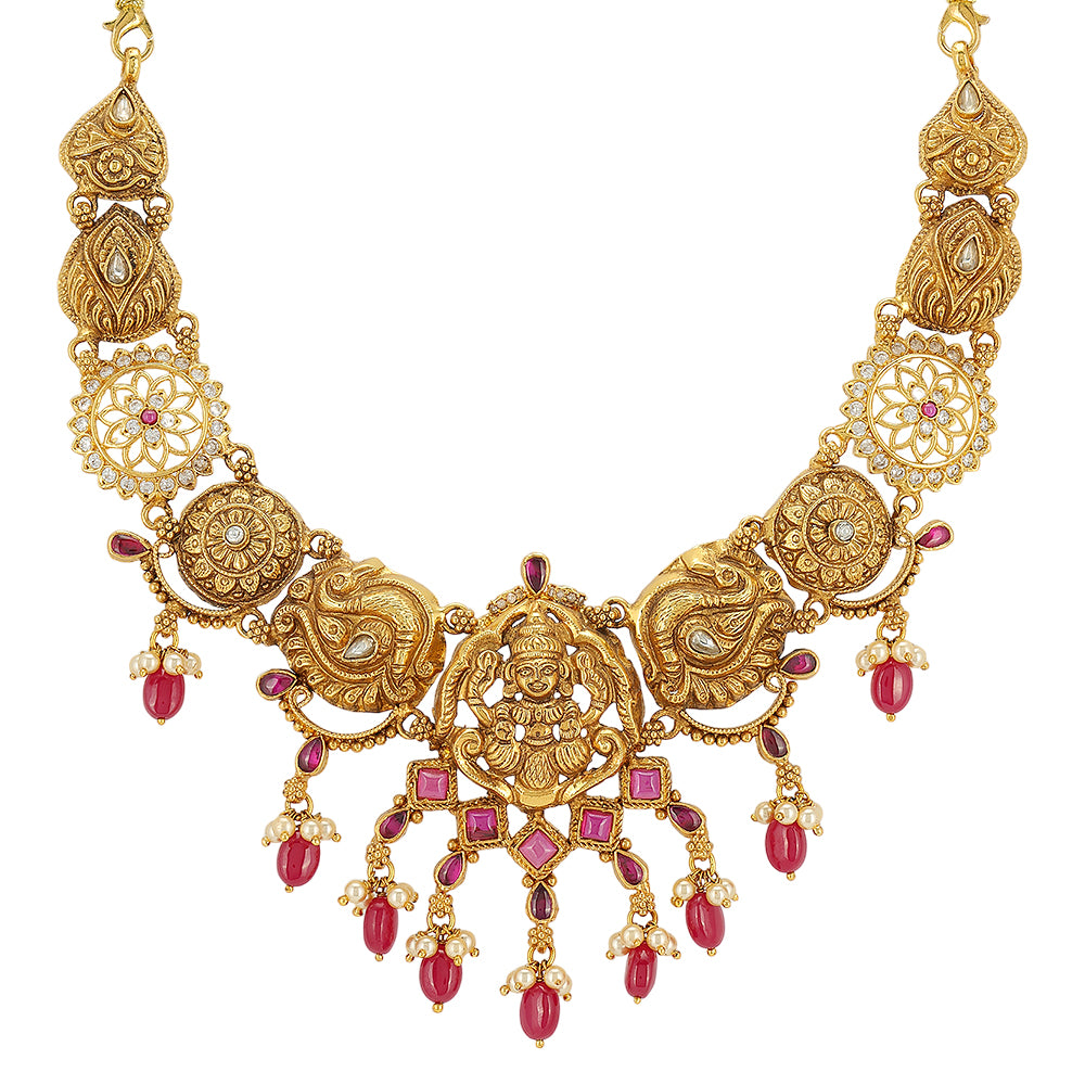 Divine Goddess 925 Peacock Red Beeds Drops Necklace