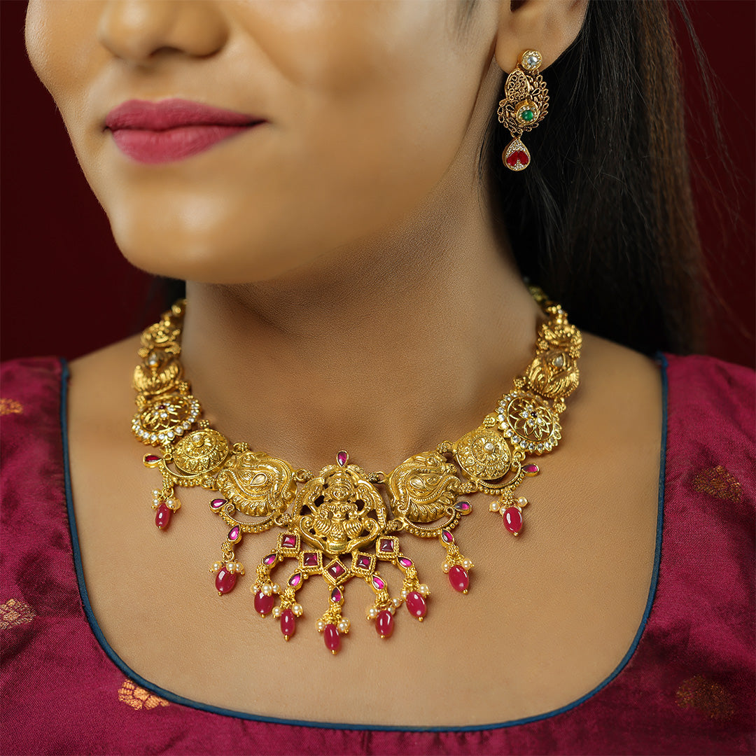 Divine Goddess 925 Peacock Red Beeds Drops Necklace
