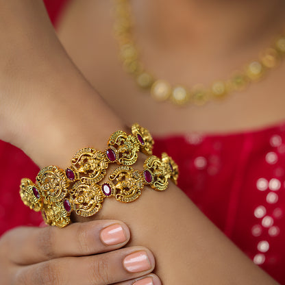 Divine Goddess Bangles 925 Gold Plated Red Stone Embellishments
