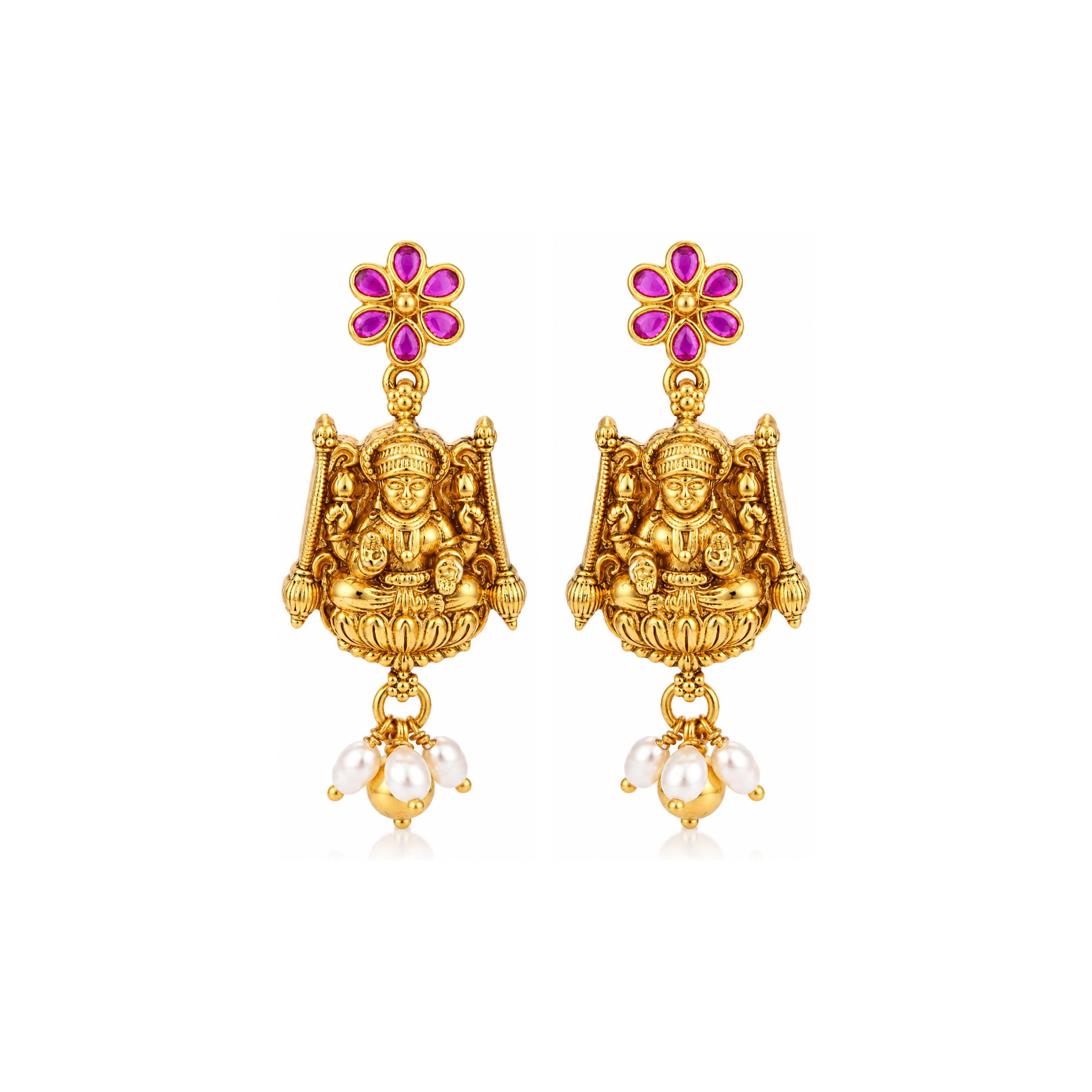Divine Golden Lakshmi Temple 925 Sterling Silver Heritage Earrings