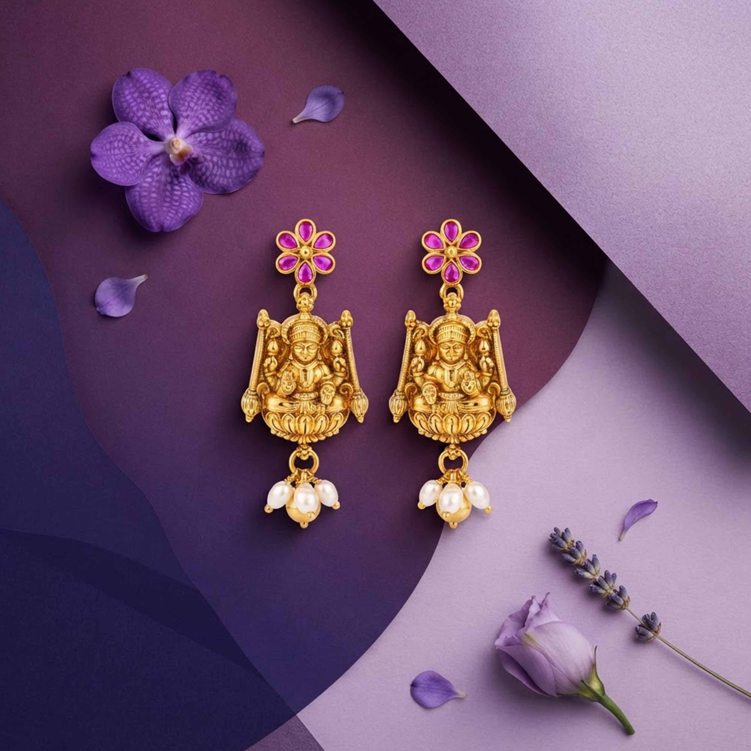 Divine Golden Lakshmi Temple 925 Sterling Silver Heritage Earrings