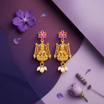 Divine Golden Lakshmi Temple 925 Sterling Silver Heritage Earrings