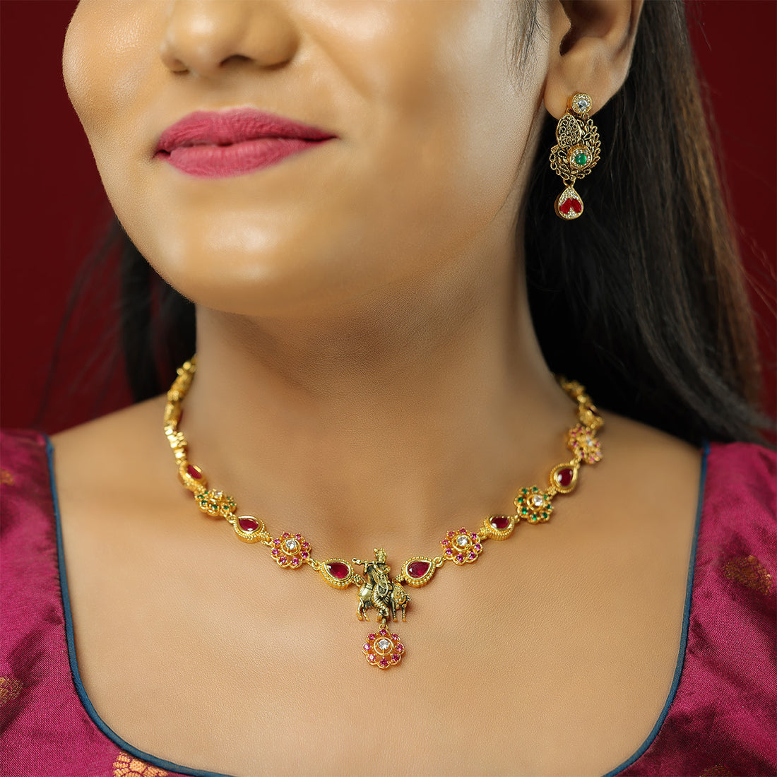 Divine Krishnan Pendant 925 Gold Plated Red Green Stone Necklace