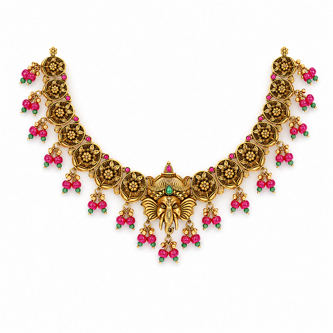Divine Lord Ganesha Motif Silver Kasu Mala Necklace