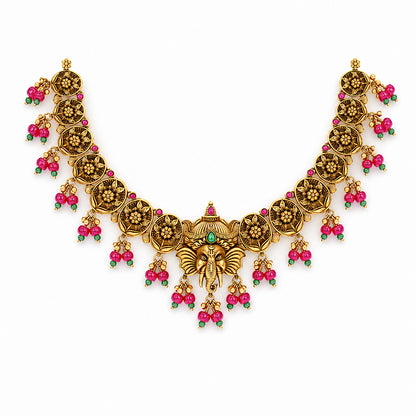 Divine Lord Ganesha Motif Silver Kasu Mala Necklace