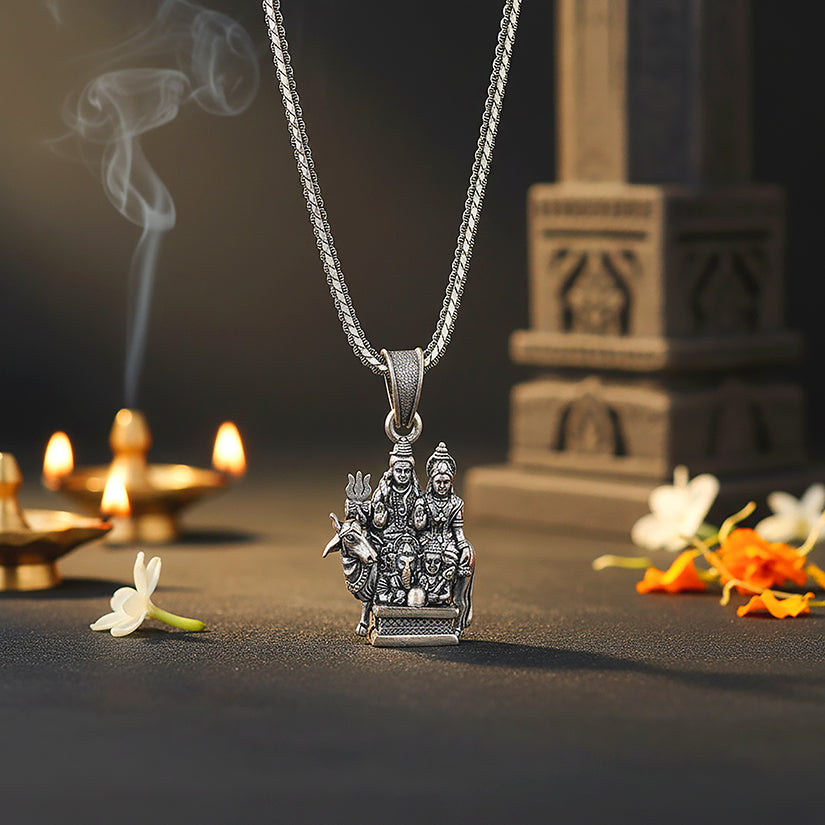 Divine Lord Shiva Parvati with Ganesha and Muruga 925 Sterling Silver Pendant