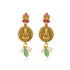 Gold earrings with religious figure, pink gemstones, and green beads on a white background