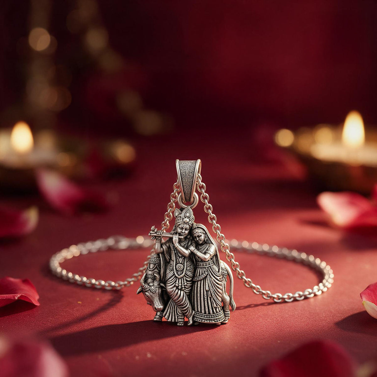 Divine Radha Krishna with Kamdhenu Cow Sterling Silver
