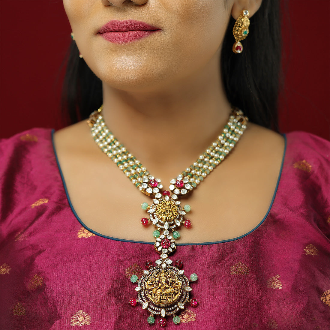 Divine Saraswati 925 Coral Moissanite Vinayakar Drop Necklace