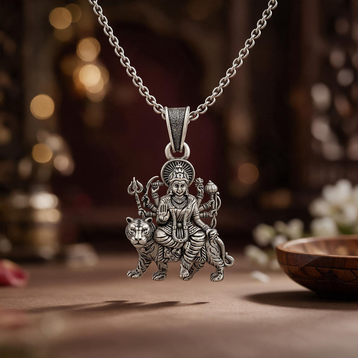 Divine Sherawali Maa Durga Sterling Silver Pendant