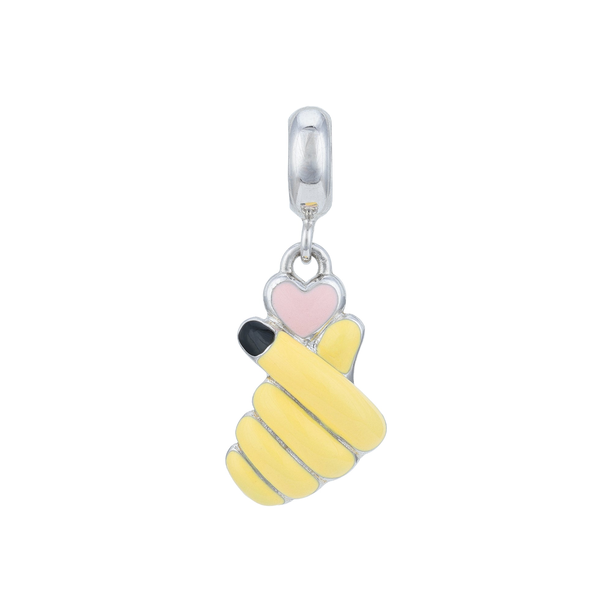 Yellow hand with black nail polish and pink heart charm on a white background