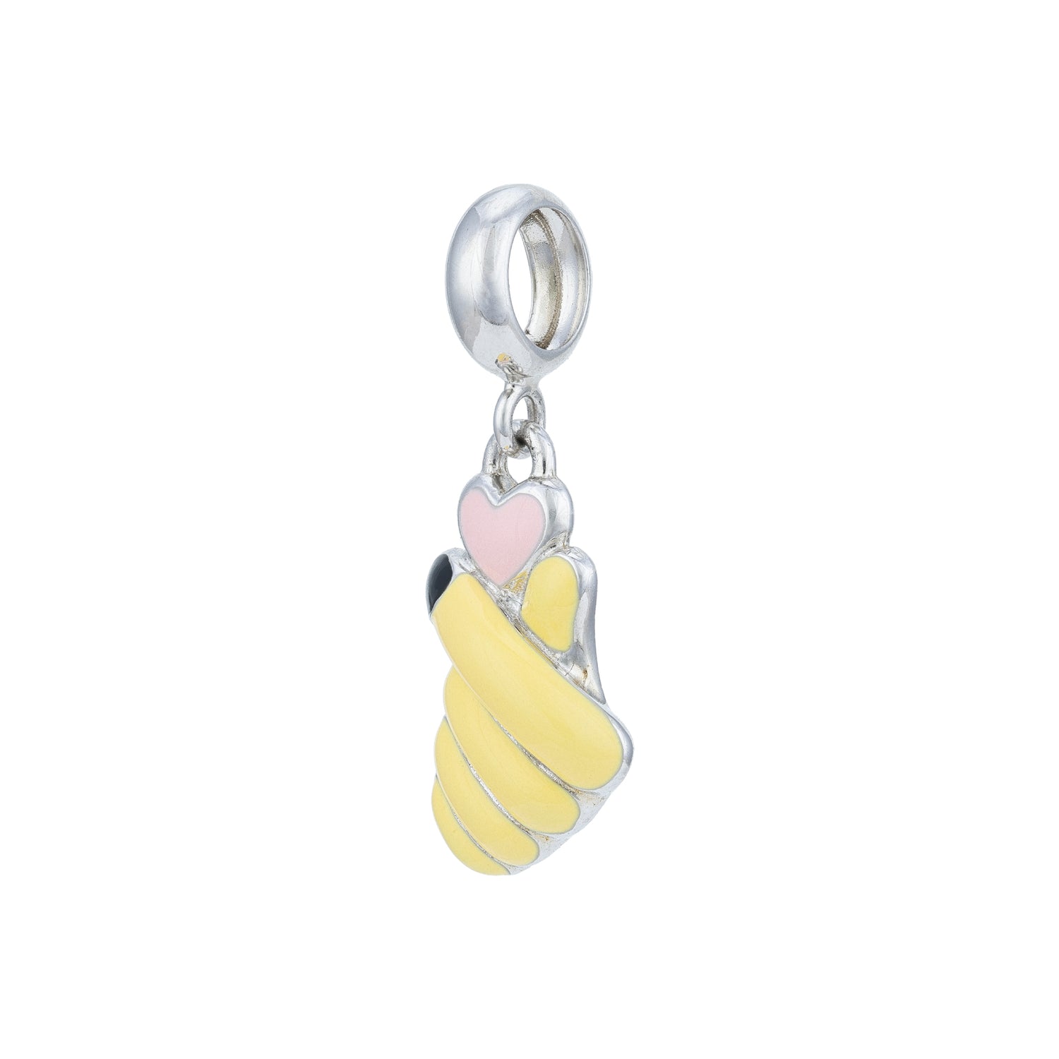 Silver charm with a yellow heart and pink heart on a white background